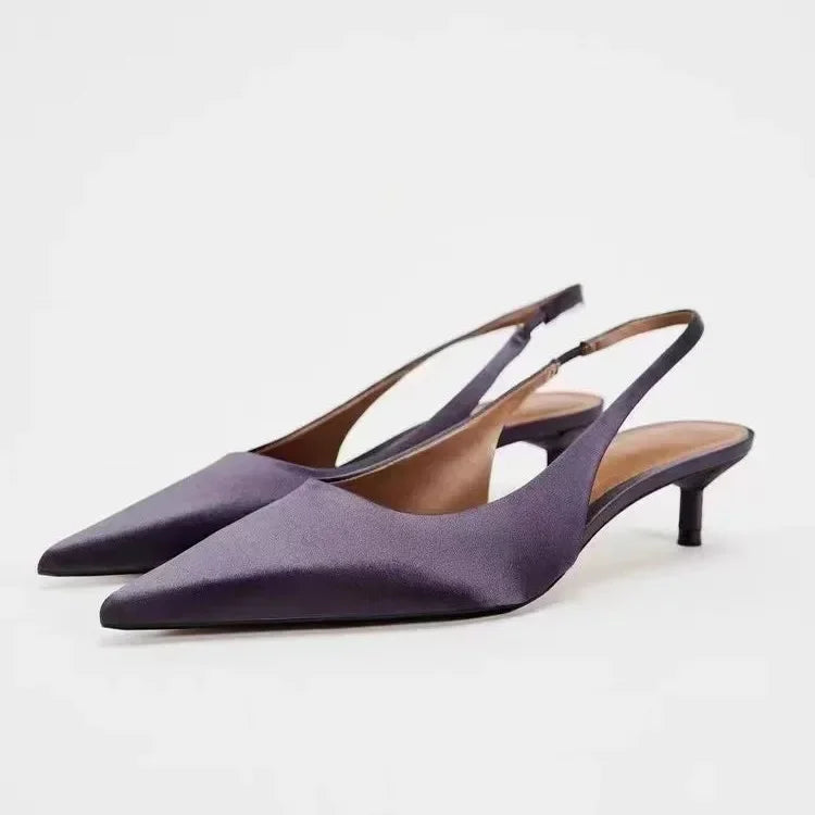 Elegant Purple Satin Low Heel Women Pumps Sexy Pointed Toe High Heels for Women Hollow Back Strap Mules Fashion Party Dress Shoe