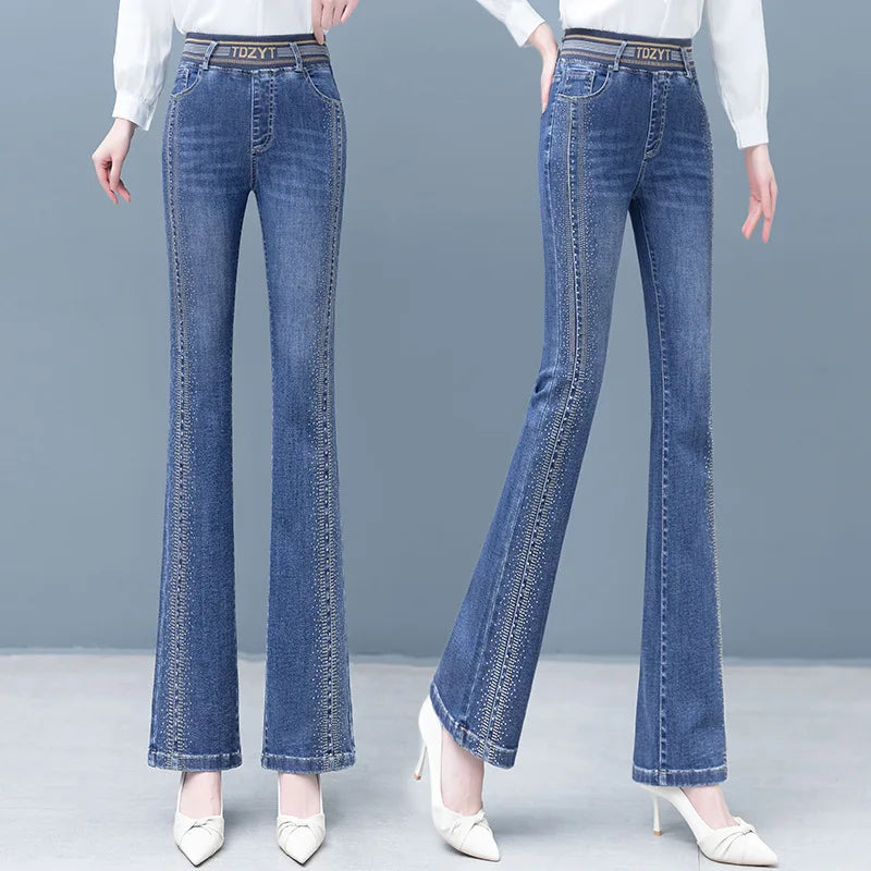 Women's high and thin micro jeans fashion highwaisted flared pants stretch elastic waist jeans