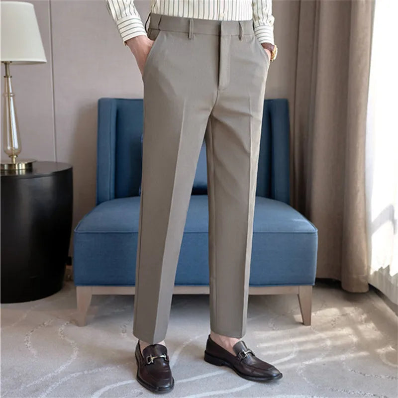 Spring Autumn Suit Pants Men Solid Color Fashion Slim Fit Smart Casual Suit Trousers Mens Elastic Waist Korean Full Length Pants