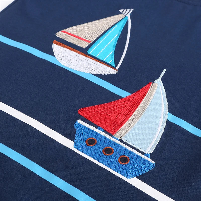 Jumping Meters Summer Outfits For Kids Wear Boats Embroidery Hot Selling Baby Clothing Sets Boys Girls Cotton Tees + Shorts Sets