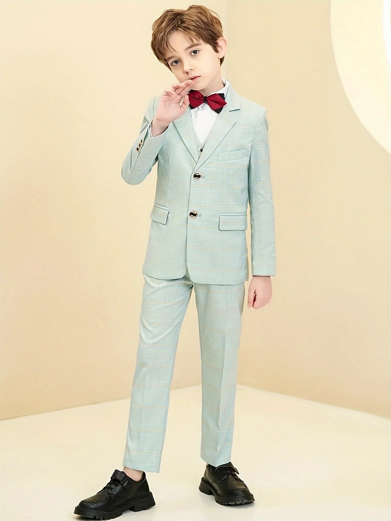 Boys Plaid Suit 3 Piece Jacket Vest Pants Wedding Birthday Party Ceremony Competition Size 4-16Y Teen Suit