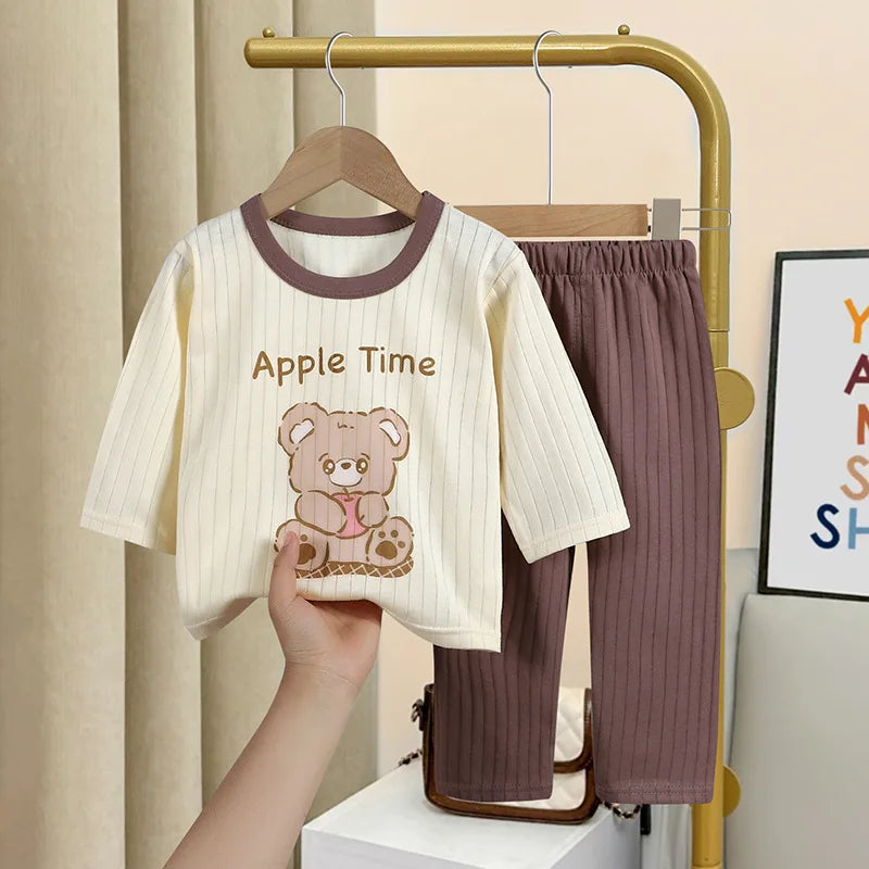 Cartoon Bear Print Tops+Trouser Fashion Home Clothing Boys And Girls Spring Summer 2024 New Sleepwear 2pcs Toddler Thin Suits