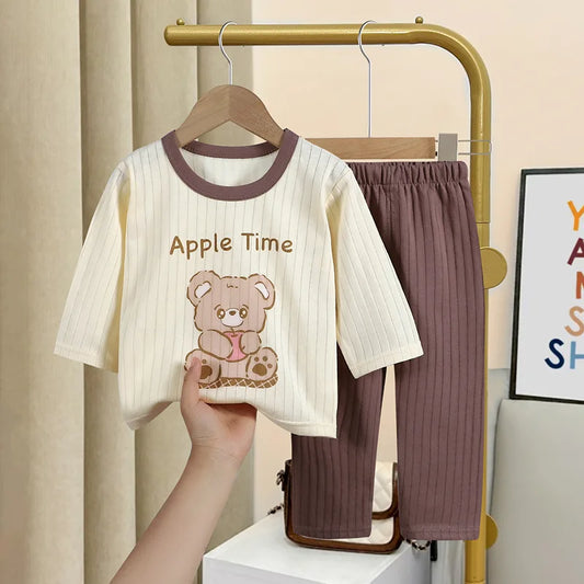 Cartoon Bear Print Tops+Trouser Fashion Home Clothing Boys And Girls Spring Summer 2024 New Sleepwear 2pcs Toddler Thin Suits
