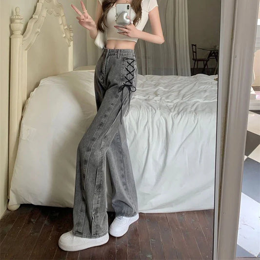 Women Vintage High Waist Straight Denim Pants