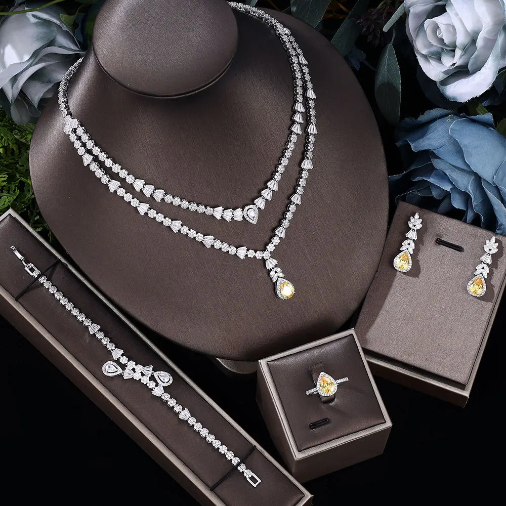 Double Layers Necklace Earring 4 Pieces Sets Luxury Cubic Zirconia Dubai Nigeria Wedding Bridal Jewelry Sets