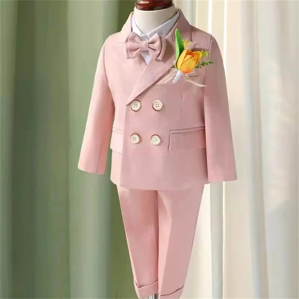 Macaroon Colorful Toddler Suit Set Double Breasted Kids Suits Blazer Pants Bow-tie Brooch Boy's Formal Tuxedo Dresswear