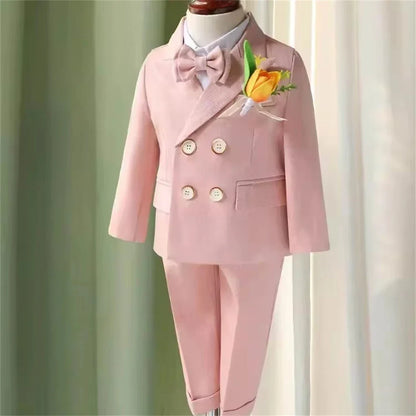 Macaroon Colorful Toddler Suit Set Double Breasted Kids Suits Blazer Pants Bow-tie Brooch Boy's Formal Tuxedo Dresswear