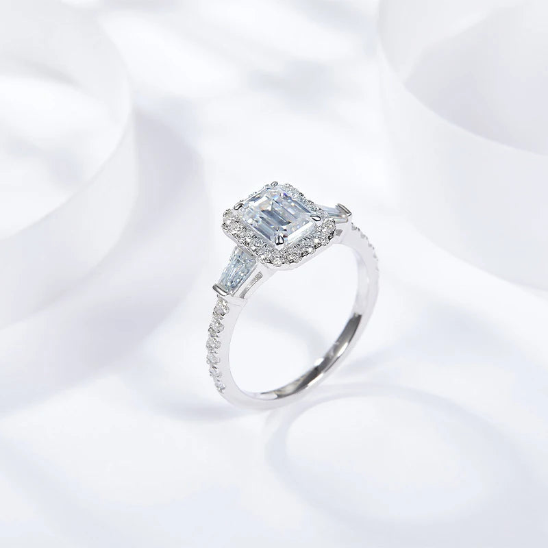 D Color Full Moissanite Ring For Women 5x7mm Emerald Cut Sparkling Rings S925 Silver Wedding Party Luxury Band Jewelry