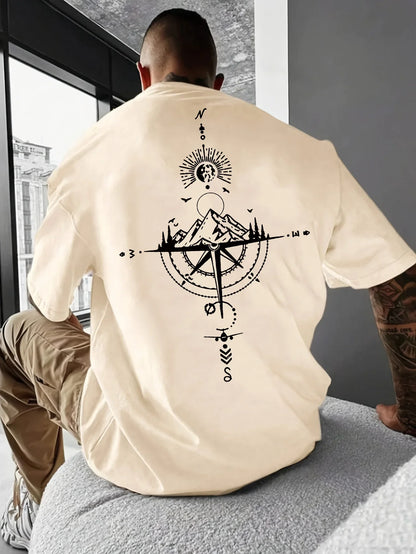 Summer men's 100% pure cotton casual sports loose oversized retro compass printed comfortable round neck short sleeved T-shirt