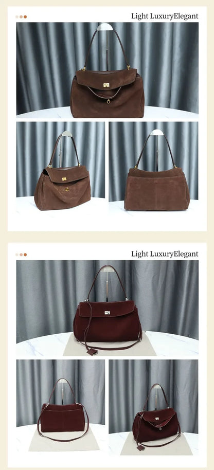 Suede Leather Tote Bag for Women Large Capacity Cowhide Shoulder Bag Designer Lock Satchel Chic Soft Nubuck Crossbody Purse