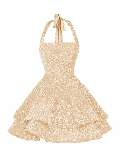 Sequin Short Homecoming Dress for Teens Short Prom Dresses Halter Neck Sparkly Tiered Cocktail Party Gowns