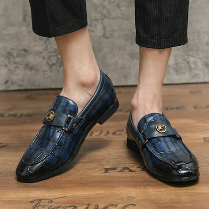 Men Metal Decor Crocodile Embossed Slip On Dress Loafers, Leisure Burgundy Dress Shoes