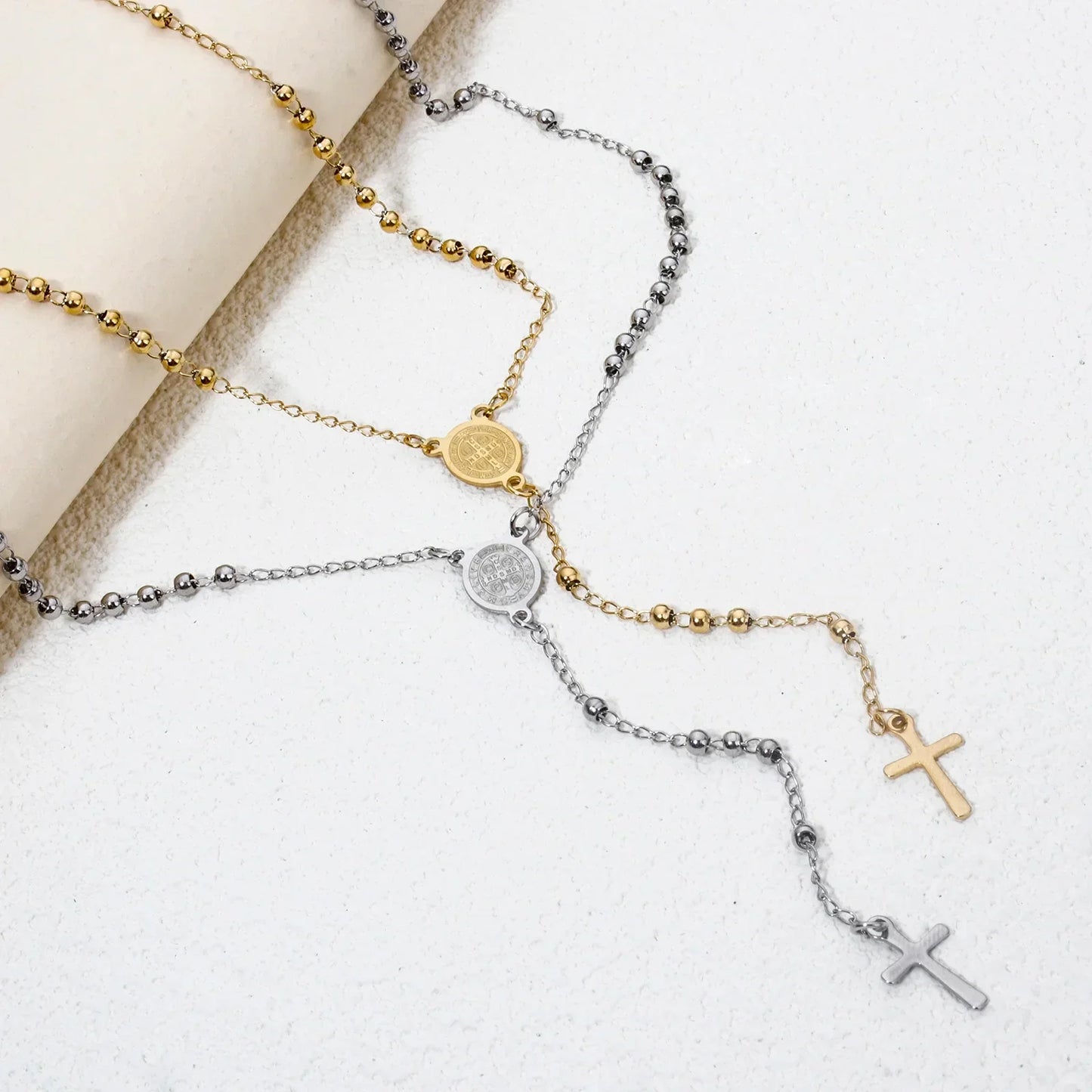 1 Piece Religious 304 Stainless Steel Prayer Beads Rosary Necklace Cross Pendant For Women Jewelry Gifts 52cm(20.5") long