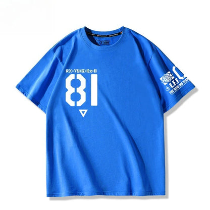 Mobile Suit Gundam 08MS Squad Ez-8 Logotipo Anime Periférico Conjunto Manga Curta Camiseta Roupas Masculinas e Femininas Verão