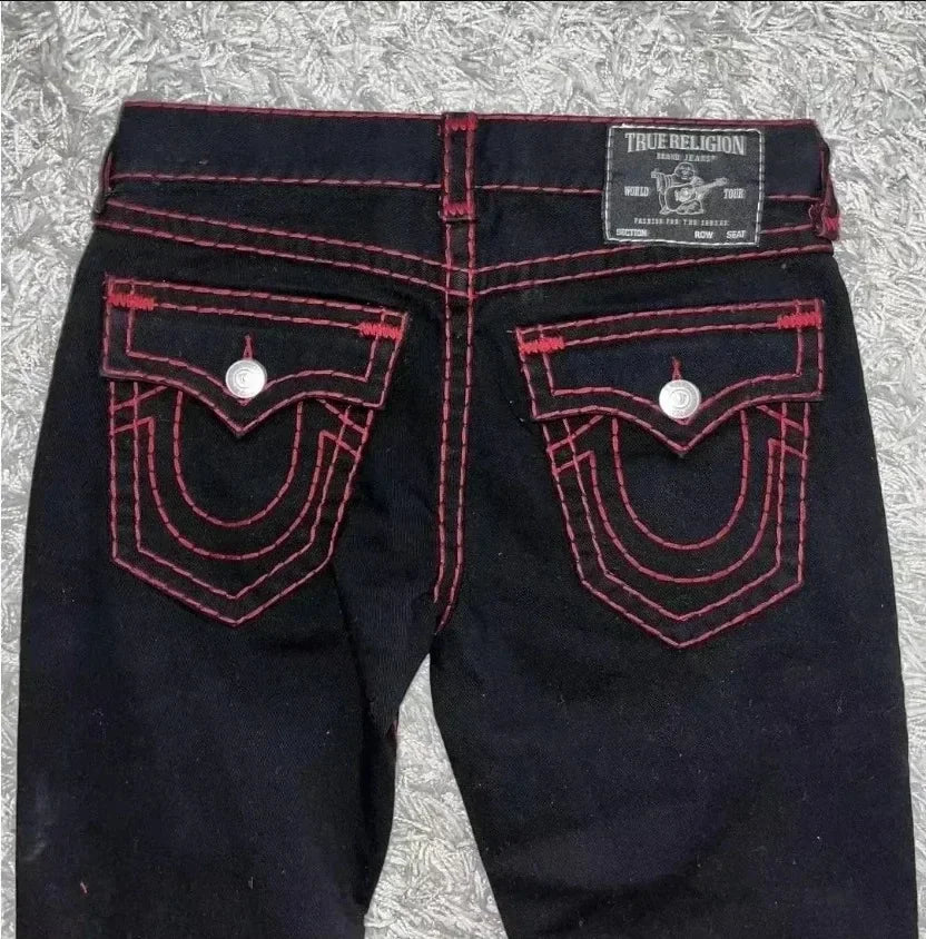 Calça Jeans Vintage Liberty Brilhante com Strass Casual Cintura Baixa Reta Perna Larga Harajuku Y2k Anos 2000 Roupa Feminina