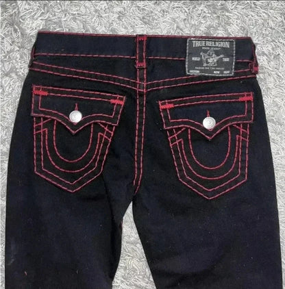 Calça Jeans Vintage Liberty Brilhante com Strass Casual Cintura Baixa Reta Perna Larga Harajuku Y2k Anos 2000 Roupa Feminina