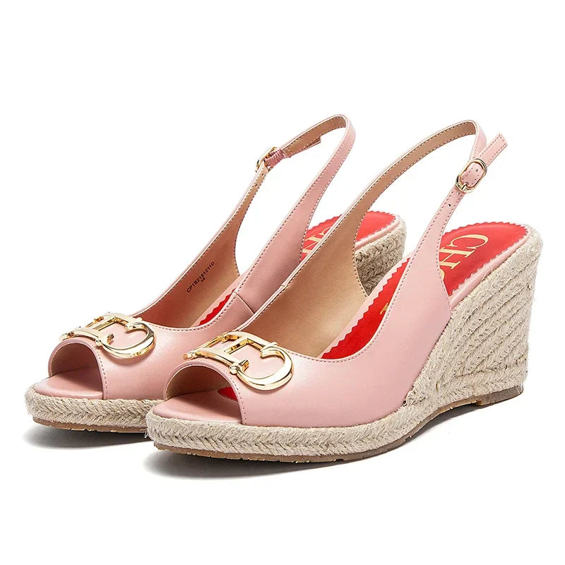 sandals summer women's casual shoes Gold INITIALS INSIGNIA PU LEATHER WEDGES Luxury brand wedge shoeses