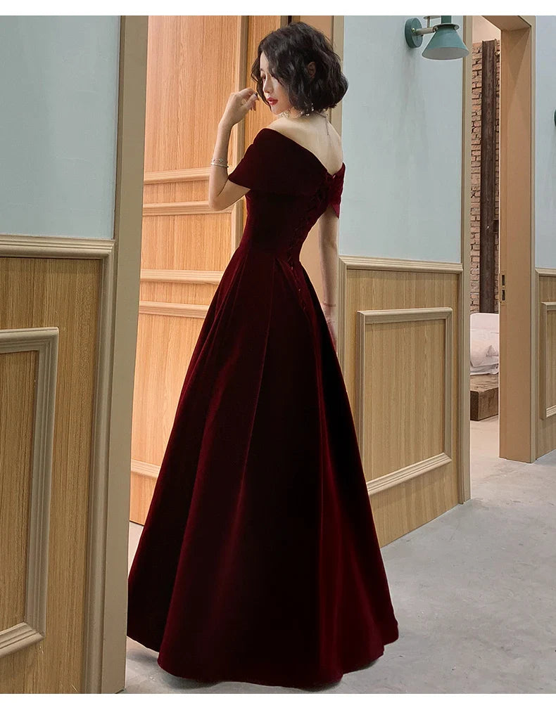 Spring Long Luxury Elegant Wine Red Soft Velvet Evening Party Wedding Dresses for Women 2022 Off Shoulder Maxi Dress