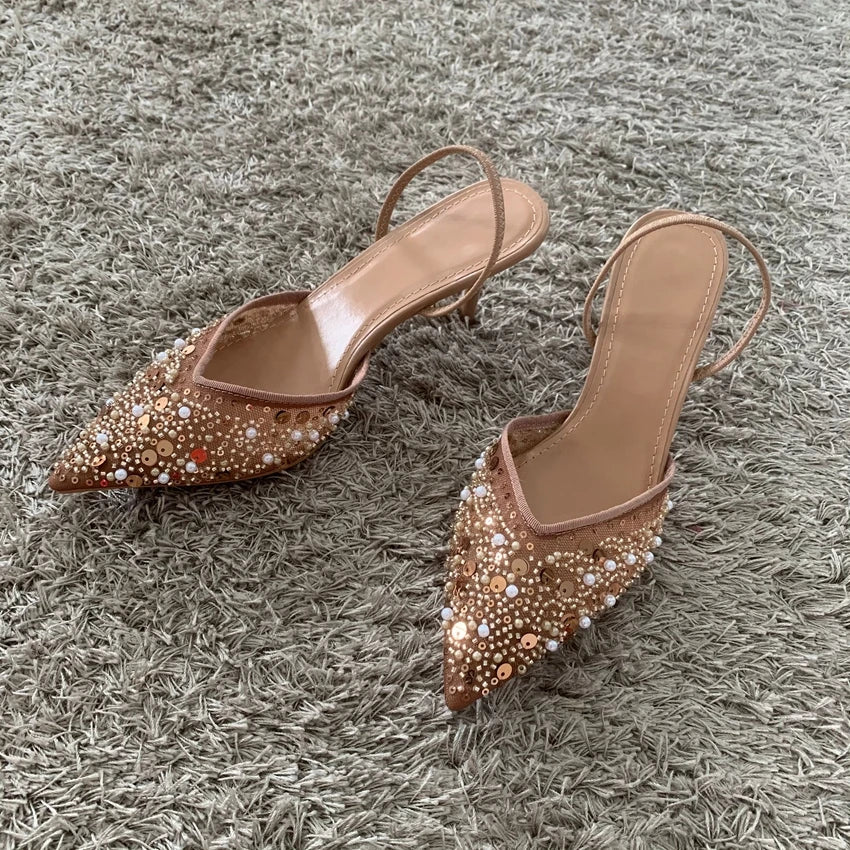 Luxury Fashion Bling String Bead Mesh High Heels Women Sexy Pointed Toe Breathable Heeled Sandals Elegant Slingbacks Women Pumps