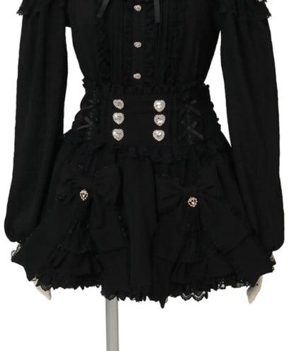 Liz Japanese New 2026 Spring Sweet Girl Heart Buckle Double Bow Lace Patchwork High-waisted Kawaii Elegant Princess Short Skirt