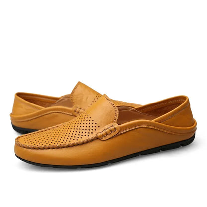 Italian Summer Hollow Shoes Men Casual Luxury Brand Genuine Leather Loafers Men Breathable Boat Shoes Slip On Moccasins