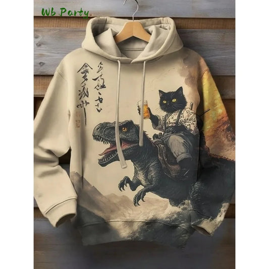 Desenho animado Gato Dinossauro Estampa 3D Moletons Masculino Feminino Moda Moletom Oversized Vintage Casaco Roupas Masculinas Moletom Unissex