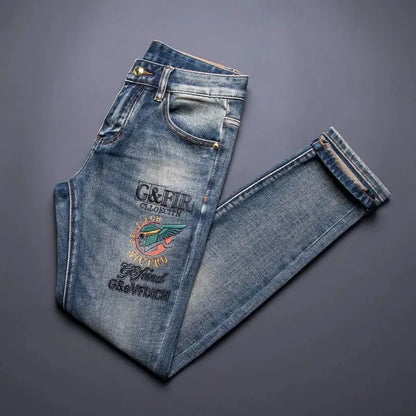 Calça Jeans Masculina Reta Vintage Americana Estampada Tendência Primavera Outono Nova Moda Calça Jeans Stretch Esportiva Casual 28-36