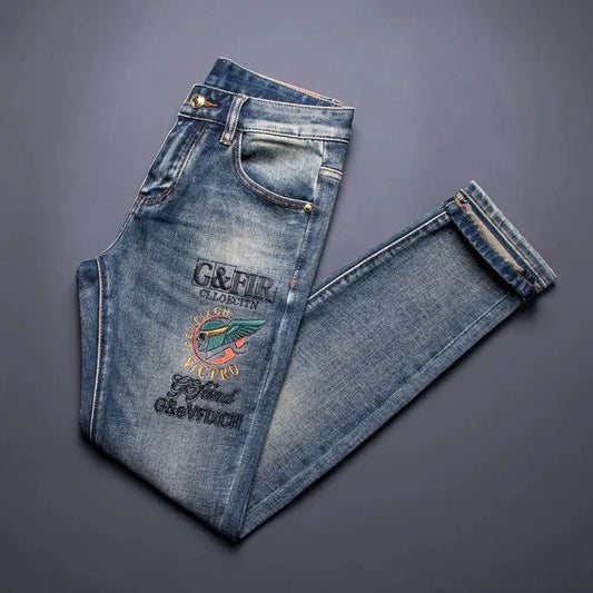 Autumn and Spring New Fashion Trend Printed American Vintage Straight Leg Denim Pants Men's Casual Sports Stretch Jeans 28-36