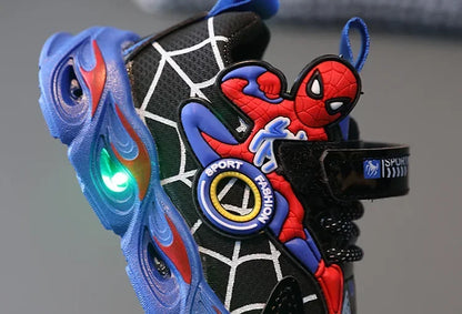 Disney Children's Sneakers Boys Cartoon Spiderman Led Light Sport Shoes Student Shoes Hook Anti-slip Kids Outdoor Shoes