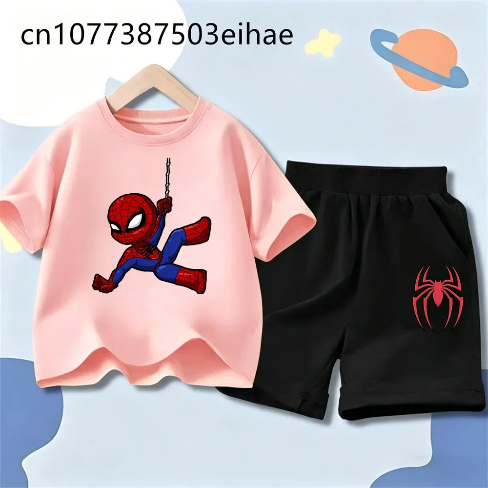 Spider-Man Trendy New Style Children Summer Outfit Cartoon Pattern Short Sleeve Tee Sports Shorts Loose Breathable Wear Gift