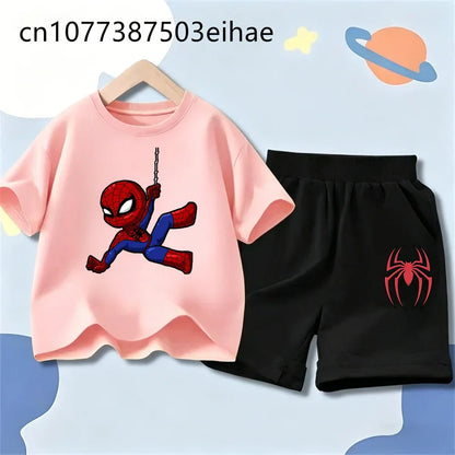 Spider-Man Trendy New Style Children Summer Outfit Cartoon Pattern Short Sleeve Tee Sports Shorts Loose Breathable Wear Gift
