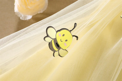 2026 Summer 12M-5Y Childrens Clothes Cute Bee Print Girls Dress with Tulle Skirt Sleeves Fluffy Dress for Girls