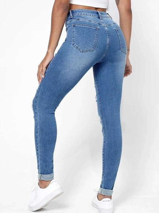 Casual Skinny Jeans Autumn, Slash Pockets Distressed Denim Pants