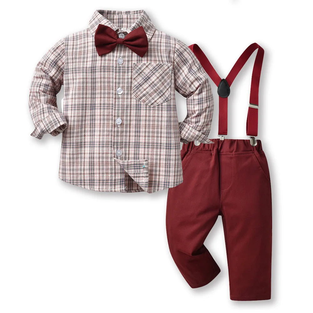 Boy Autumn Cotton Long Sleeve Plaid Shirt and Strap Pants Set Boys' Strap Pants Set Boy Red Pants and Shirts for 70cm-160cm