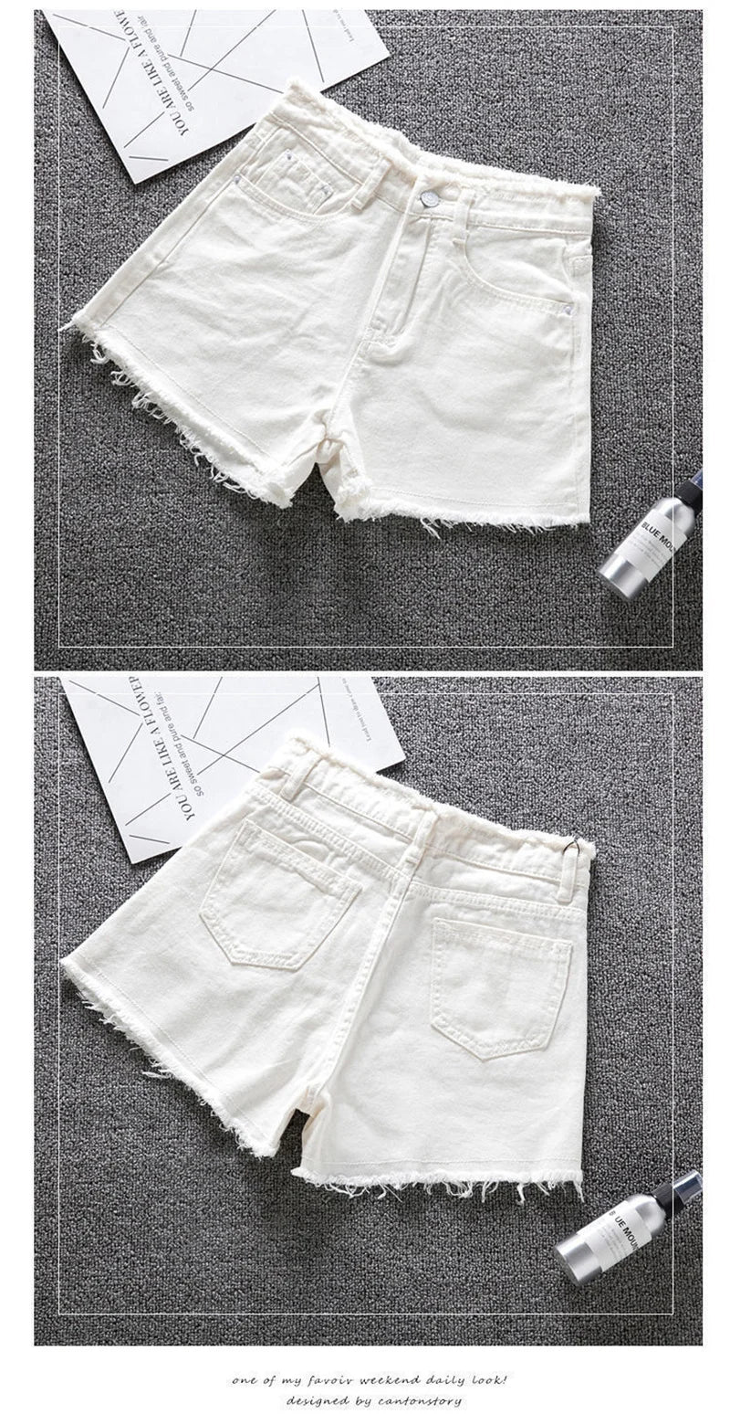 2025 Summer Woman High Haist Jeans Shorts Fashion Rough-edges Denim Short Pants Schoolgirl Casual Pants Blue Black White Jeans