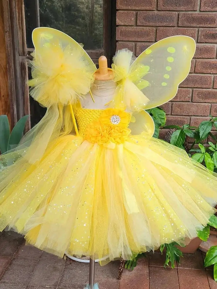 Girls Yellow Glitter Flower Fairy Dress Kids Butterfly Sparkled Tutus with Wing and Hairbow Children Party Costume Dress Outfits