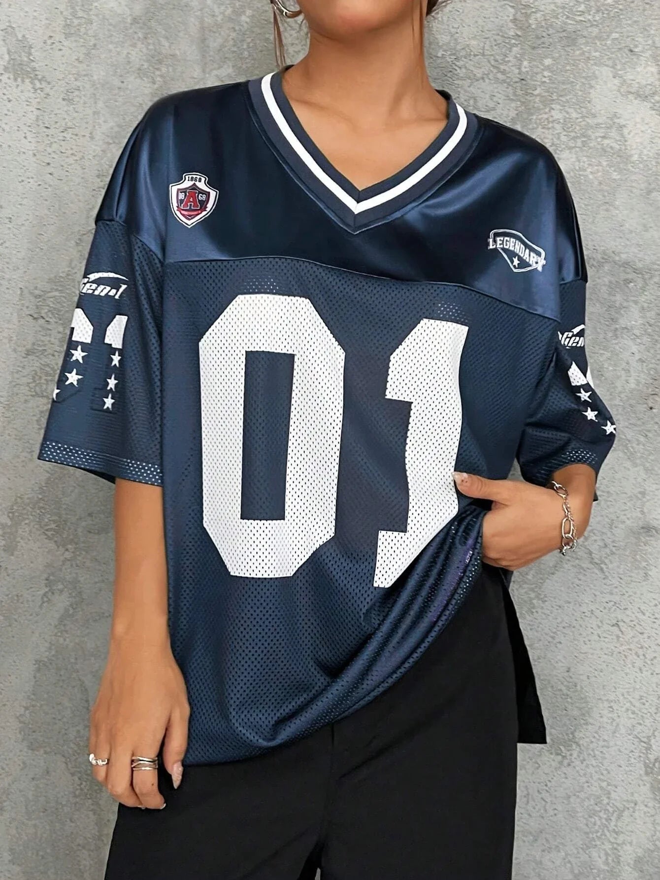 American Sports Fashion V-Neck T-Shirt Street Y2K Hip-Hop Jersey Women's Loose Breathable Quick Drying Casual Versatile Top