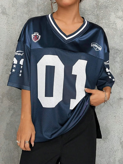 American Sports Fashion V-Neck T-Shirt Street Y2K Hip-Hop Jersey Women's Loose Breathable Quick Drying Casual Versatile Top