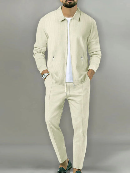 Men's Casual Solid Color Zipper Jacket and Pants Suit - Breathable Polyester Fiber for Spring/Autumn