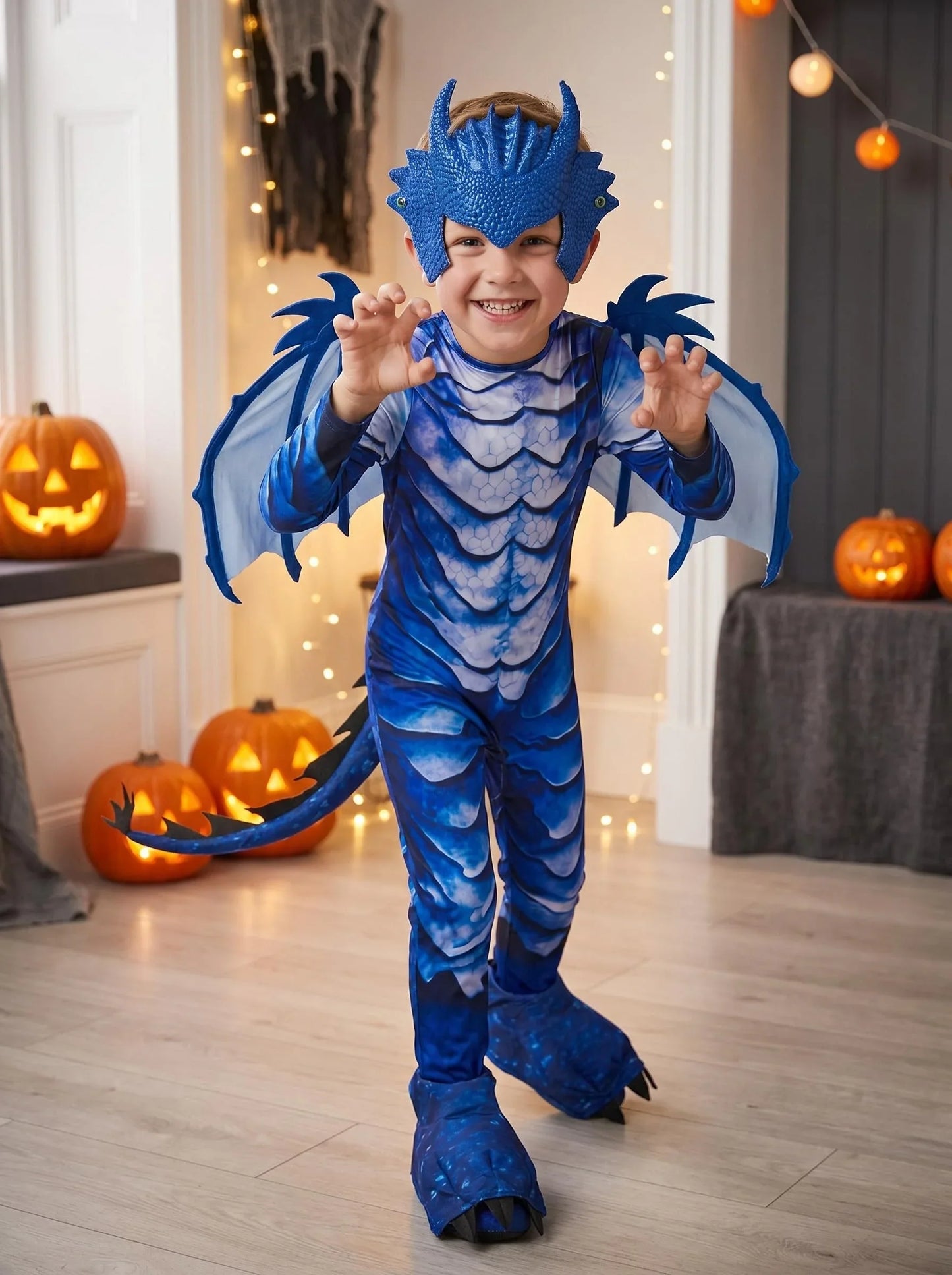 The Frost Blue Dragon Knight Jumpsuit for Kids, Halloween Carnival Theme Party Costume with Wing Tail Mask