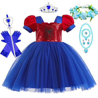 Little Girls Spider Print Dress Kids Sequins Tulle Frocks Children Halloween Theme Party Costume Summer Birthday Surprise Gift