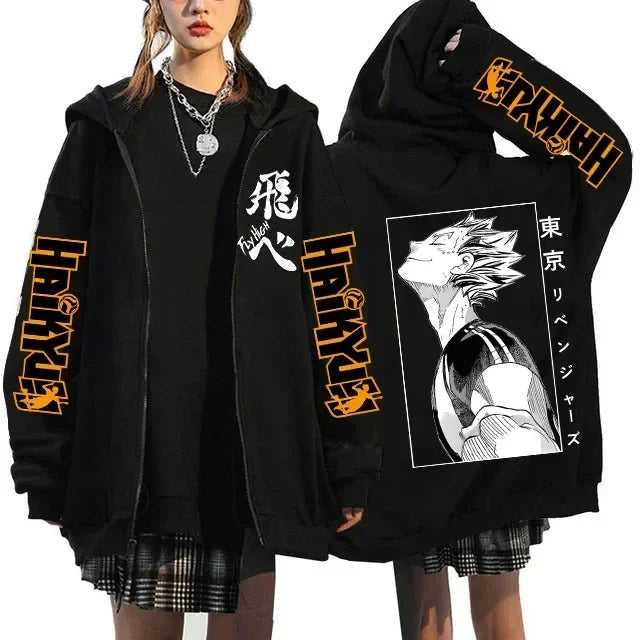 Haikyuu Graphic Zippper Jackets Sweatshirts Japanese Anime Manga Y2k Gothic Zip Up Hoodies Karasuno Fly High Harajuku Streetwear