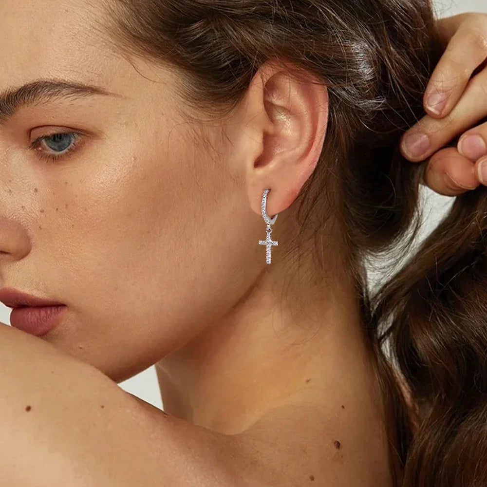 Full Moissanite Earrings for Men/Women Cross Drop 925 Sterling Silver Hoop Earrings D Color VVS1 Hip Hop Couple Jewelry
