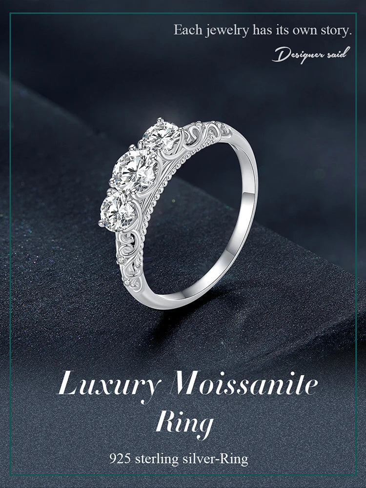 Round Moissanite Ring for Women, White Gold Plated D Color VVS1 Lab Diamond 925 Sterling Silver Engagement Ring