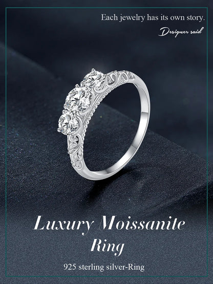 Round Moissanite Ring for Women, White Gold Plated D Color VVS1 Lab Diamond 925 Sterling Silver Engagement Ring