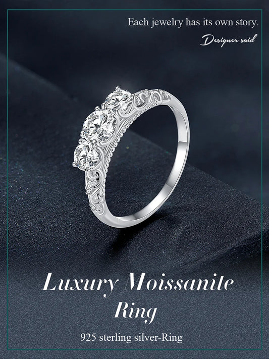 Round Moissanite Ring for Women, White Gold Plated D Color VVS1 Lab Diamond 925 Sterling Silver Engagement Ring