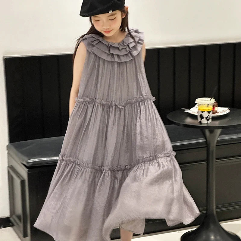 Vestido infantil feminino vestido de verão infantil vestido estilo coreano vestido de princesa vestido de verão doce sem mangas para crianças grandes