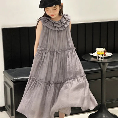 Vestido infantil feminino vestido de verão infantil vestido estilo coreano vestido de princesa vestido de verão doce sem mangas para crianças grandes