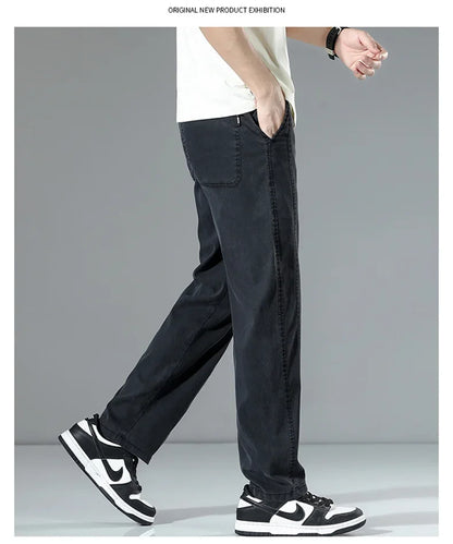 Summer Thin Men's Loose Straight Jeans Lyocell Soft Drape Business Casual Trousers Classic Smoke Gray Brand Ice Silk Denim Pants