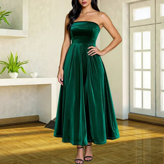 Women's Elegant Party Dresses Strapless Backless Velvet Long Dress Fashion Retro Dress Female Evening Dresses Vestidos Largos